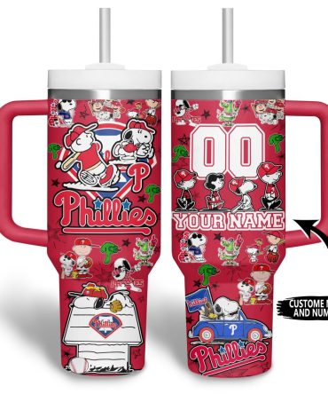 Custom Phillies Snoopy Tumbler Mug With Handle - Personalized Name & Number - 30Oz Leak-Proof Sports Cup