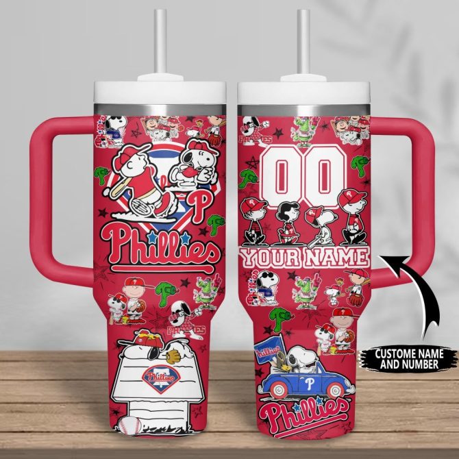 Custom Phillies Snoopy Tumbler Mug With Handle - Personalized Name & Number - 30Oz Leak-Proof Sports Cup - Image 2