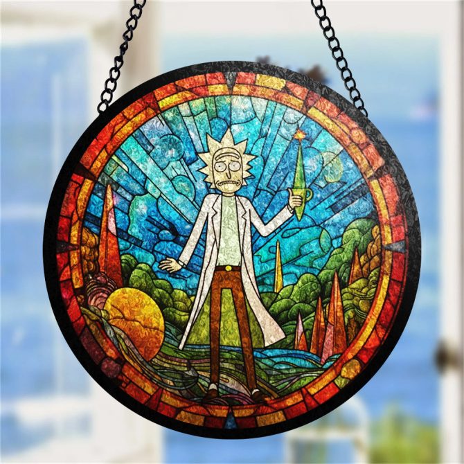 Vibrant Stained Glass Art Panel - Unique Sci-Fi Cartoon Character Design For Home Decor