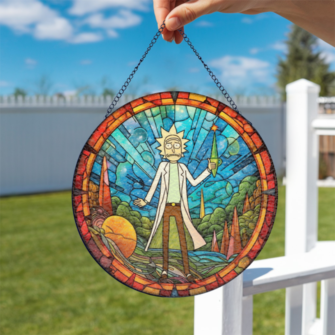 Vibrant Stained Glass Art Panel - Unique Sci-Fi Cartoon Character Design For Home Decor - Image 4