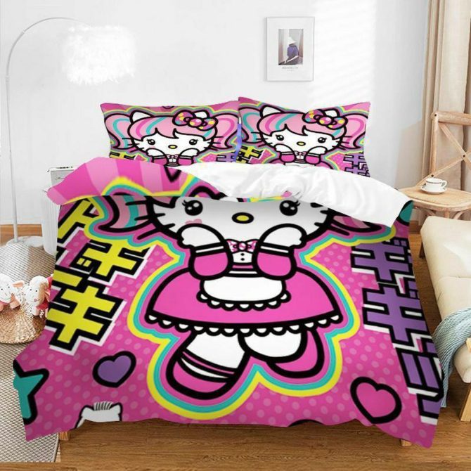 Colorful Cartoon Kitty Bedding Set - Soft & Cozy, Perfect For Kids' Rooms!