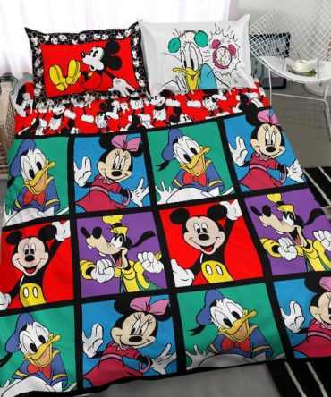 Colorful Disney Character Bedding Set - Mickey, Minnie, Donald & Goofy - Twin/Full Size Comforter & Pillowcases