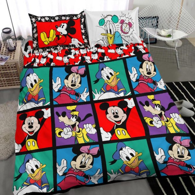 Colorful Disney Character Bedding Set - Mickey, Minnie, Donald & Goofy - Twin/Full Size Comforter & Pillowcases