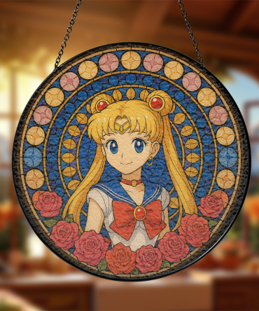 Sailor Moon Elegant Anime-Inspired Stained Glass Window Hanging With Roses - Art Decor