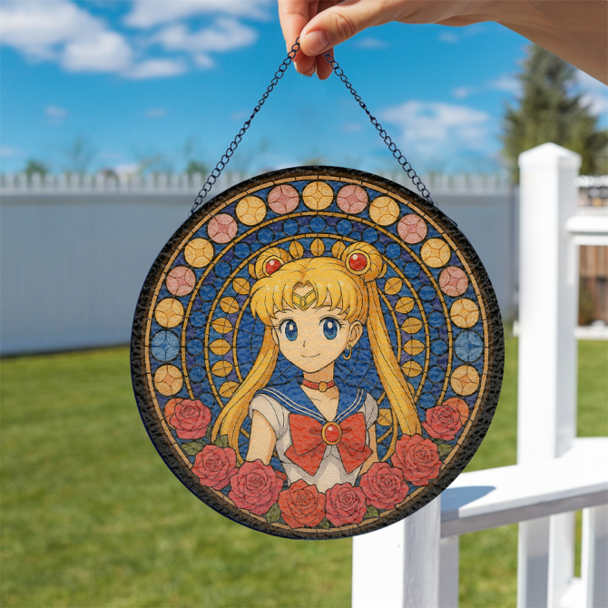 Sailor Moon Elegant Anime-Inspired Stained Glass Window Hanging With Roses - Art Decor - Image 2