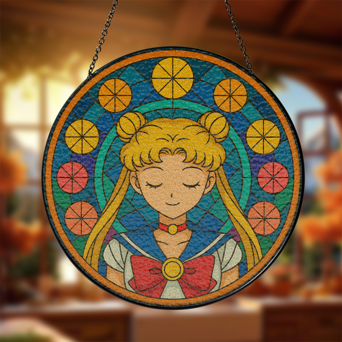 Sailormoon  Colorful Stained Glass Window Hanging - Anime-Inspired Decorative Art Panel