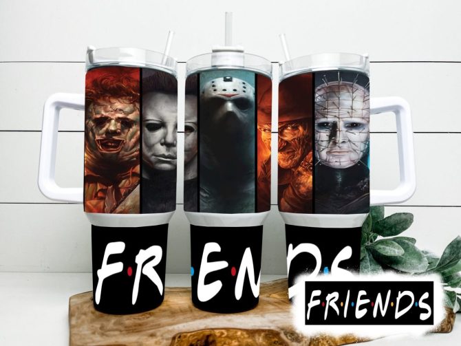 Horror Icons Tumbler With Handle - Friends Parody Design, 40Oz Insulated Cup