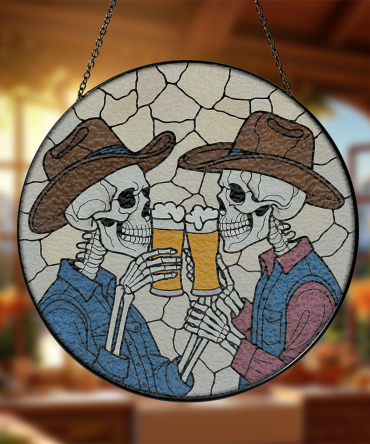 Rustic Cowboy Skeletons Stained Glass Suncatcher - Unique Western Home Decor Gift