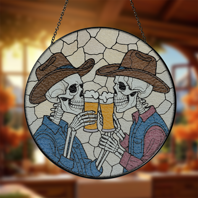 Rustic Cowboy Skeletons Stained Glass Suncatcher - Unique Western Home Decor Gift