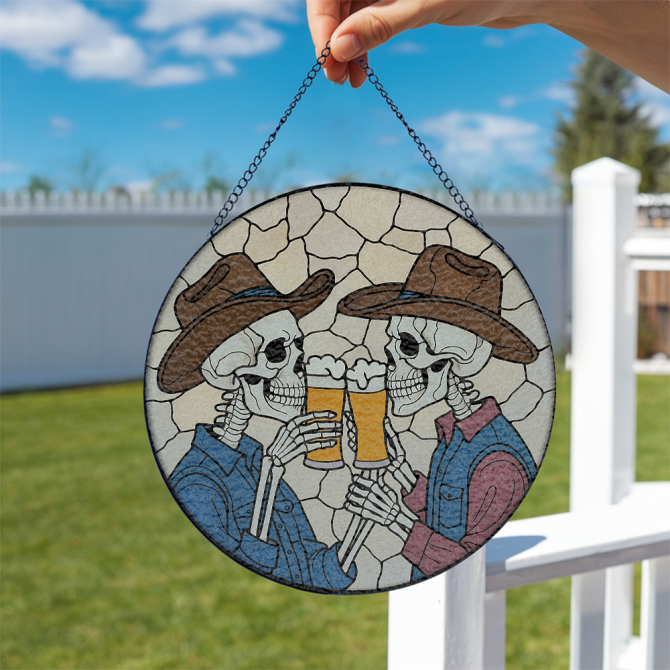 Rustic Cowboy Skeletons Stained Glass Suncatcher - Unique Western Home Decor Gift - Image 3