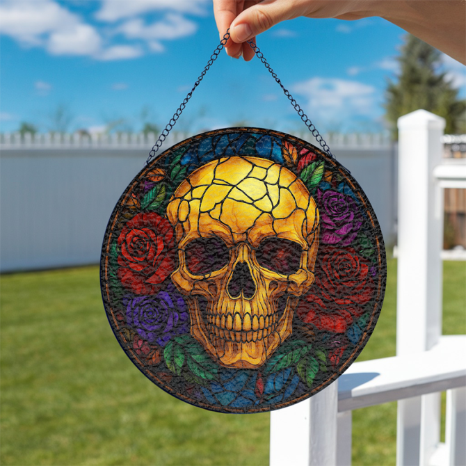 Vibrant Stained Glass Skull Art With Roses - Unique Gothic Home Decor - Image 3