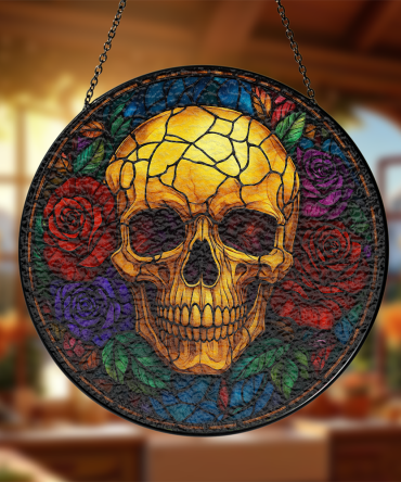 Vibrant Stained Glass Skull Art With Roses - Unique Gothic Home Decor