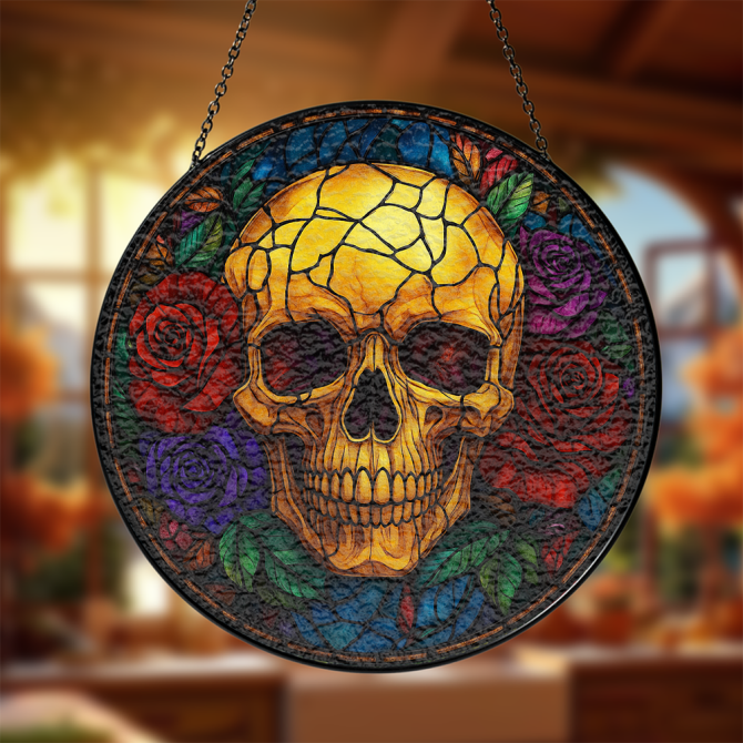 Vibrant Stained Glass Skull Art With Roses - Unique Gothic Home Decor