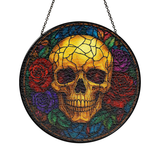 Vibrant Stained Glass Skull Art With Roses - Unique Gothic Home Decor - Image 2