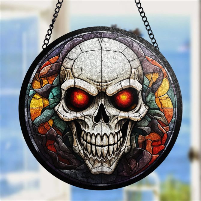 Vibrant Stained Glass Skull Decoration - Unique Hanging Art For Home Or Office