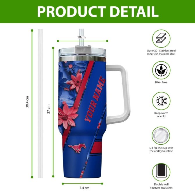 Customizable Smu Mustangs Tumbler With Handle - Personalized Name, Floral Design, 20Oz - Image 2