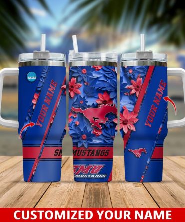 Customizable Smu Mustangs Tumbler With Handle - Personalized Name, Floral Design, 20Oz