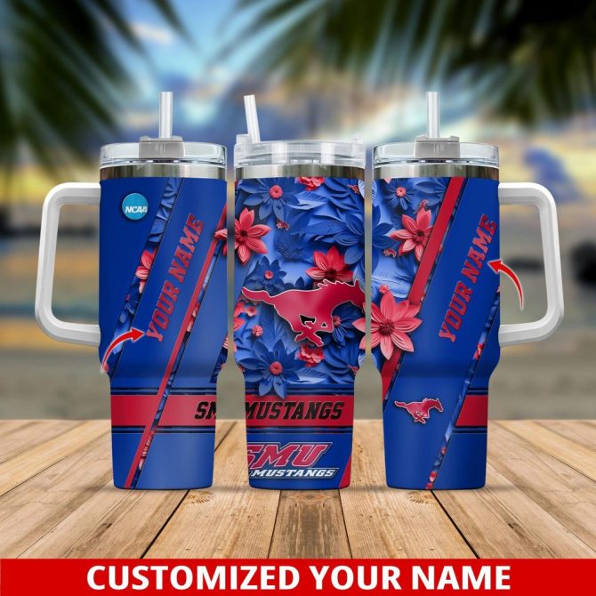 Customizable Smu Mustangs Tumbler With Handle - Personalized Name, Floral Design, 20Oz