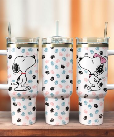 Charming Snoopy Tumbler With Straw & Handle - Cute Paw Print Design, 20Oz Stainless Steel Mug