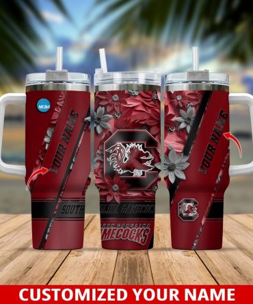 Customizable South Carolina Gamecocks Floral Tumbler With Straw & Handle - Add Your Name!