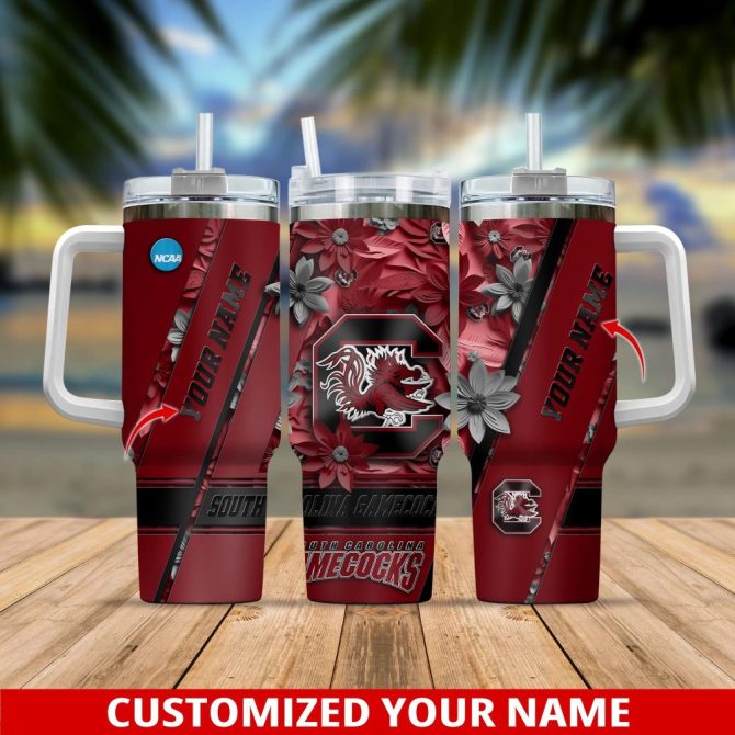 Customizable South Carolina Gamecocks Floral Tumbler With Straw & Handle - Add Your Name!