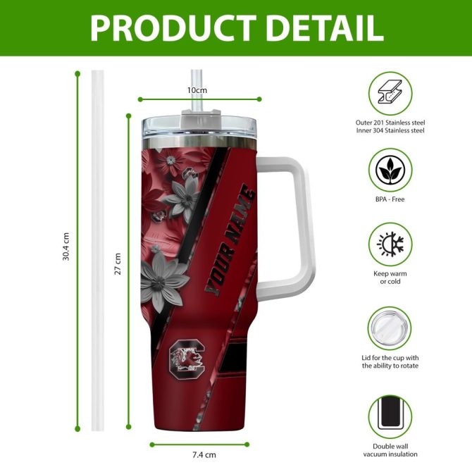 Customizable South Carolina Gamecocks Floral Tumbler With Straw & Handle - Add Your Name! - Image 2