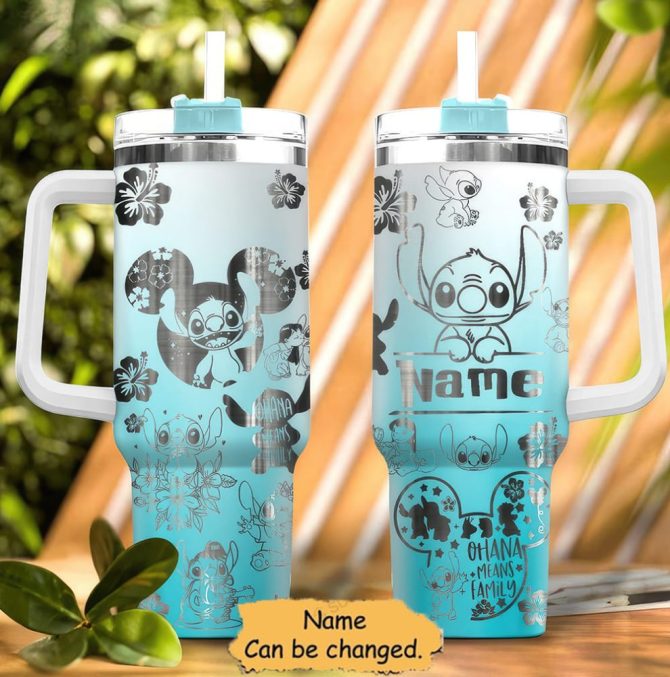 Customizable Stitch Tumbler With Handle & Straw - Ohana Means Family Design, 24Oz