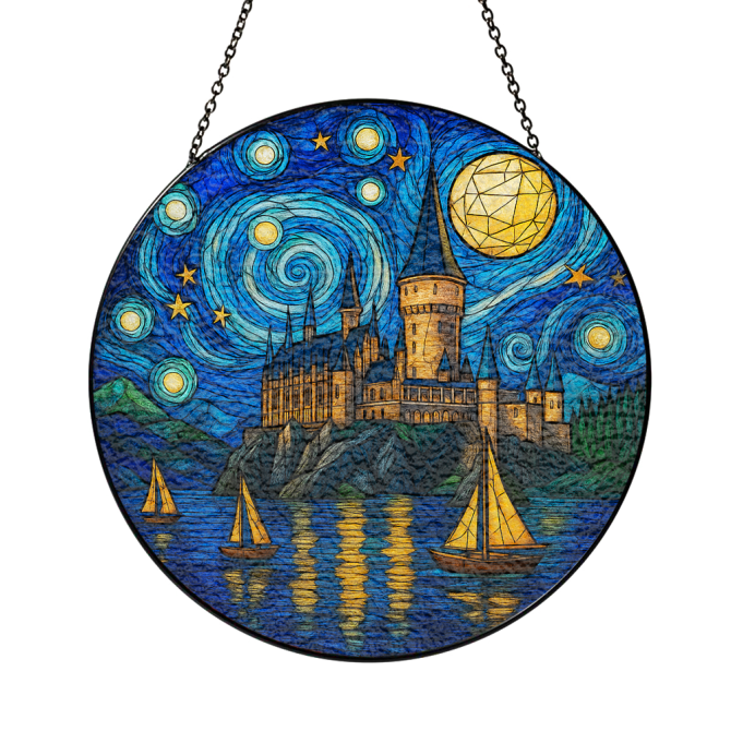Enchanting Starry Night Castle Stained Glass Window Art - Magical Wall Decor - Image 3