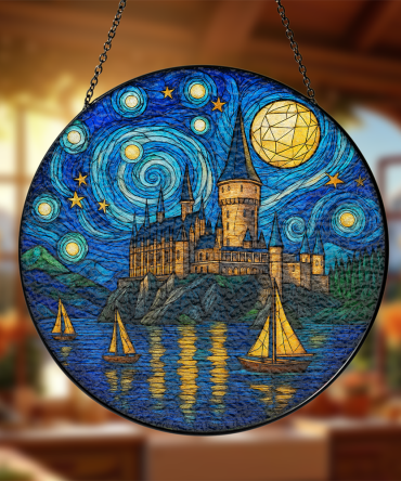 Enchanting Starry Night Castle Stained Glass Window Art - Magical Wall Decor