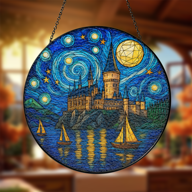 Enchanting Starry Night Castle Stained Glass Window Art - Magical Wall Decor