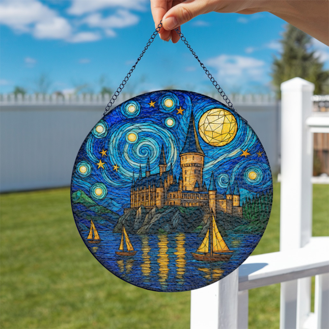 Enchanting Starry Night Castle Stained Glass Window Art - Magical Wall Decor - Image 2