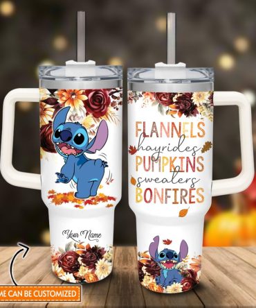 Custom Fall Travel Mug With Cute Blue Character - Personalized Name, Perfect For Autumn Vibes