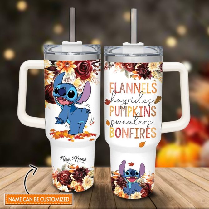 Custom Fall Travel Mug With Cute Blue Character - Personalized Name, Perfect For Autumn Vibes