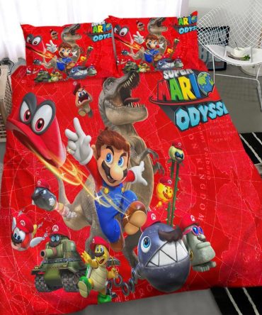 Super Mario Odyssey Kids Bedding Set - Vibrant Red Twin Duvet Cover With Pillowcases