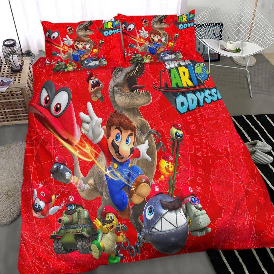 Super Mario Odyssey Kids Bedding Set - Vibrant Red Twin Duvet Cover With Pillowcases