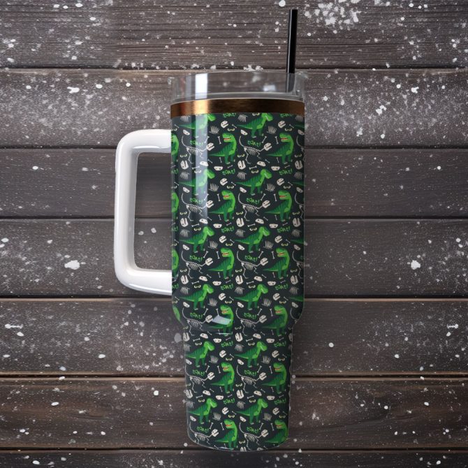 Dinosaur Print Double-Wall Tumbler With Straw & Handle - 20Oz Leak-Proof Travel Mug - Image 4