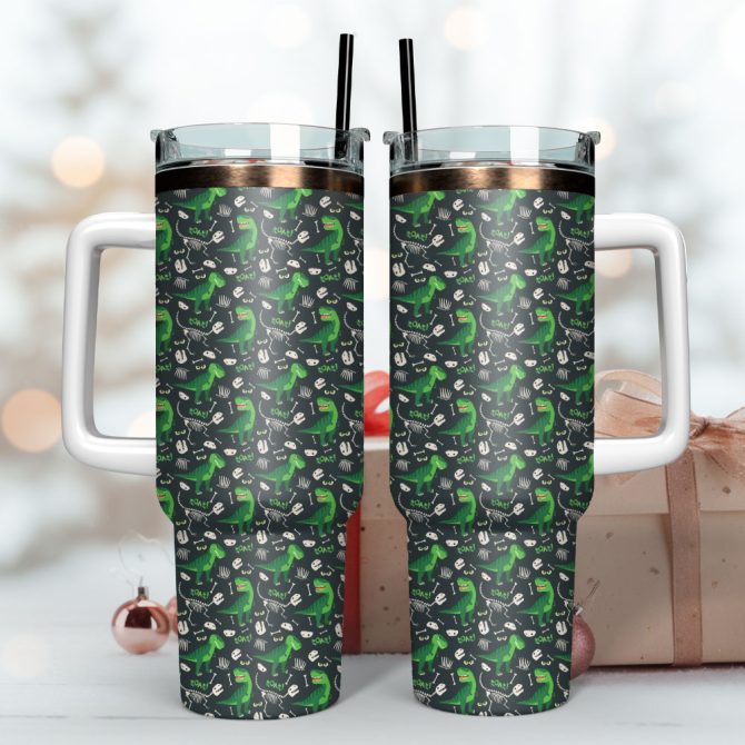 Dinosaur Print Double-Wall Tumbler With Straw & Handle - 20Oz Leak-Proof Travel Mug - Image 3