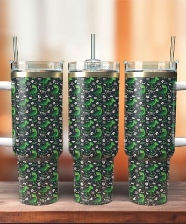 Dinosaur Print Double-Wall Tumbler With Straw & Handle - 20Oz Leak-Proof Travel Mug