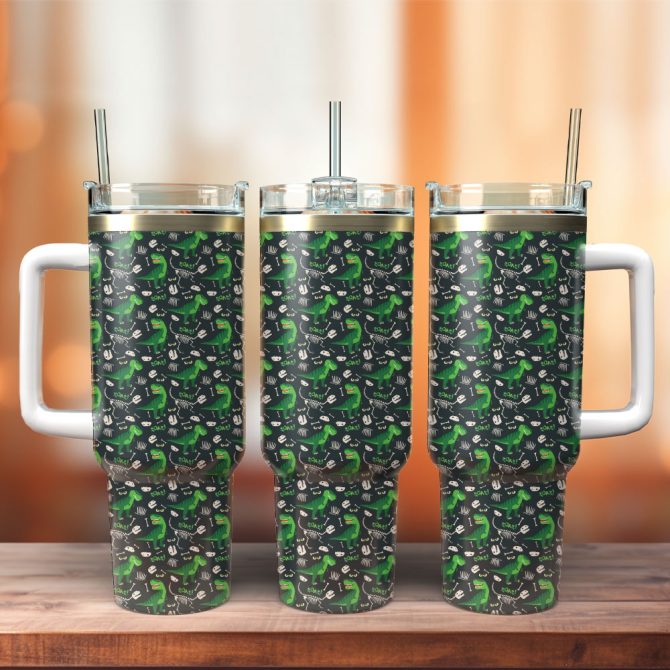 Dinosaur Print Double-Wall Tumbler With Straw & Handle - 20Oz Leak-Proof Travel Mug