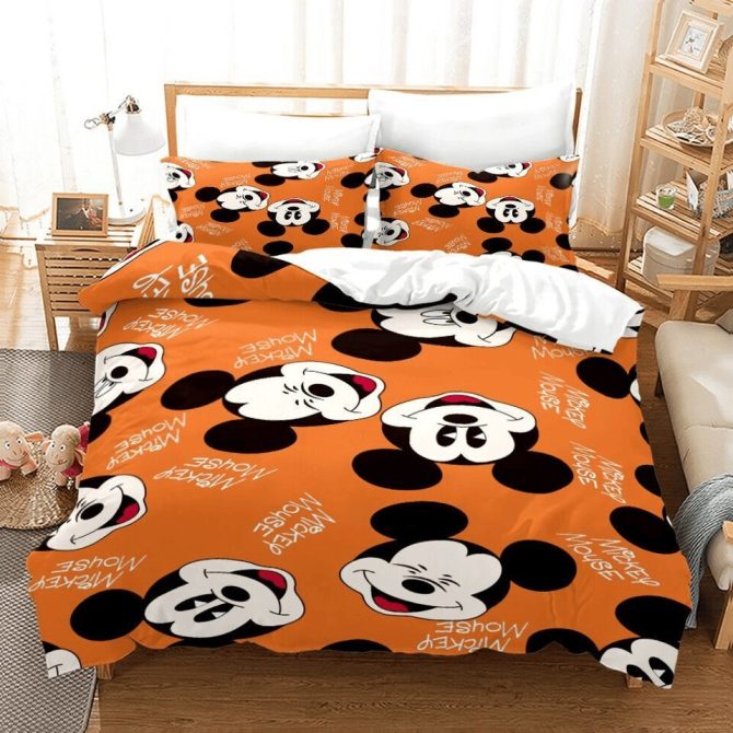 Cozy Kids Mickey Mouse Bedding Set - Soft Orange Cartoon Comforter With Pillowcases