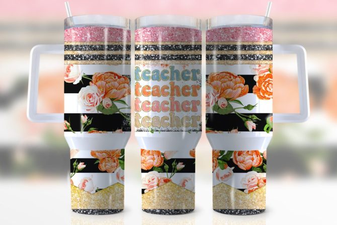 Floral Glitter Teacher Tumbler With Handle - Perfect Gift For Educators!