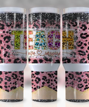 Colorful Leopard Print Teacher Tumbler - Inspire, Love, Teach - 20Oz Insulated Travel Mug With Straw