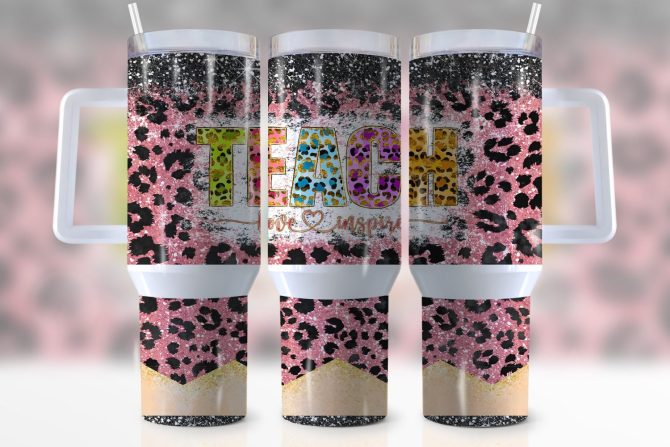 Colorful Leopard Print Teacher Tumbler - Inspire, Love, Teach - 20Oz Insulated Travel Mug With Straw