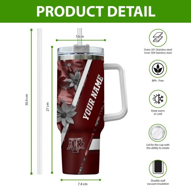 Custom Texas A&M Aggies Floral Tumbler - Personalized Name Gift For Fans - Image 2