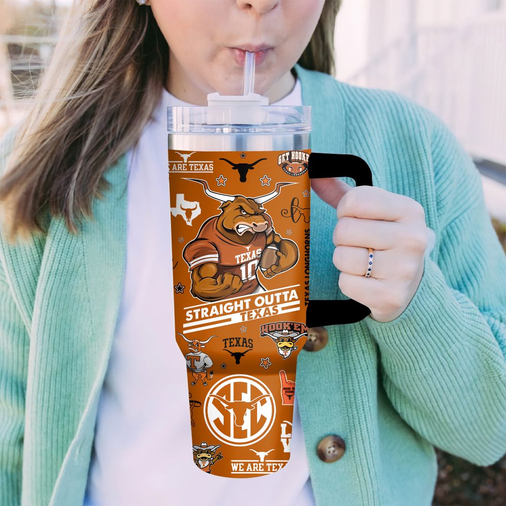Texas Longhorns Tumbler - 20Oz Insulated Travel Mug , Hook 'Em Horns Design , Perfect For Fans! - Image 4