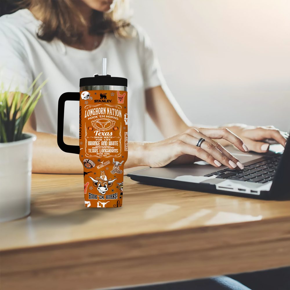 Texas Longhorns Tumbler - 20Oz Insulated Travel Mug , Hook 'Em Horns Design , Perfect For Fans! - Image 3