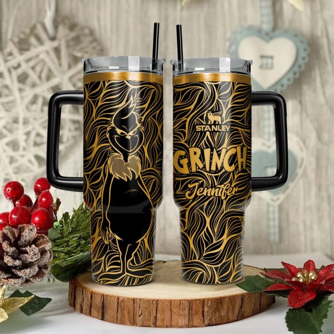 Custom Grinch Tumbler With Handle & Straw - Personalized Holiday Gift Mug