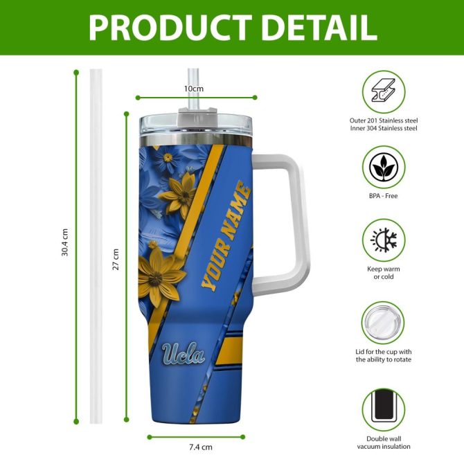 Custom Ucla Bruins Tumbler With Handle - Personalized Name & Floral Design - Image 2