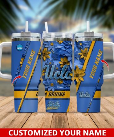 Custom Ucla Bruins Tumbler With Handle - Personalized Name & Floral Design