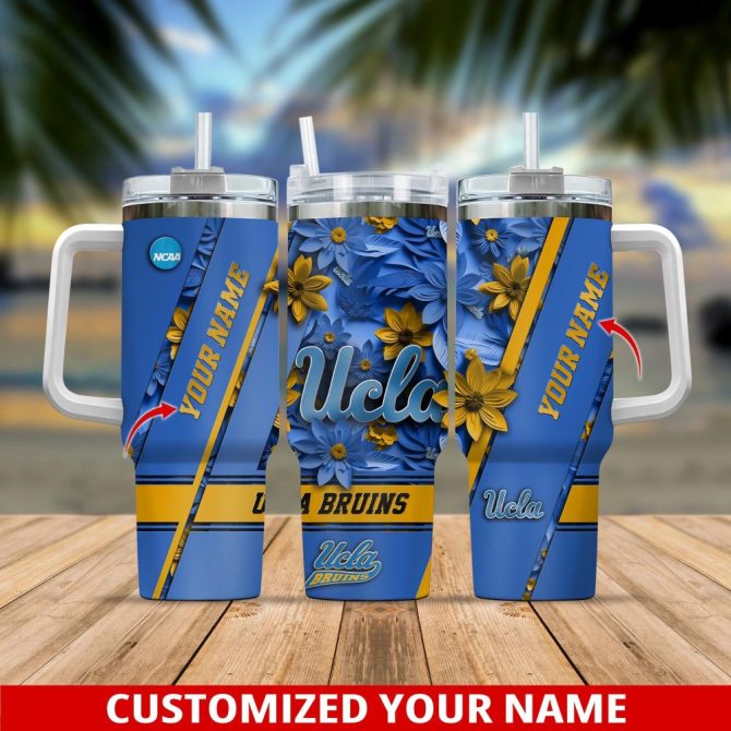 Custom Ucla Bruins Tumbler With Handle - Personalized Name & Floral Design